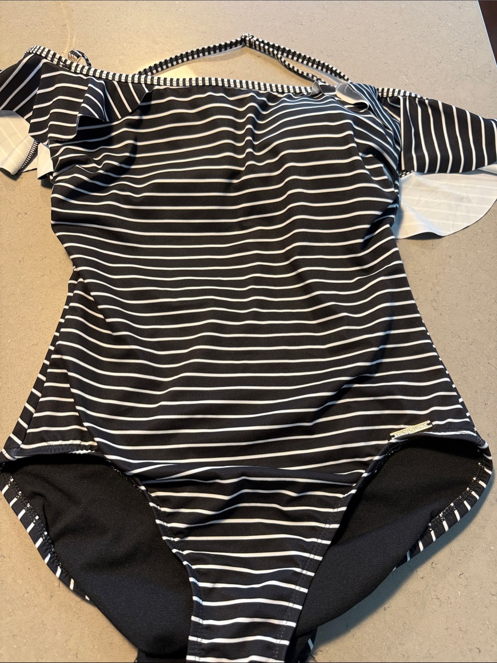 Vince Camuto Black and White Striped Off-Shoulder One-Piece Swim